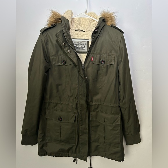 Levi’s Women's Army Green Parka Jacket with Faux Fur Trim Small - Picture 3 of 6